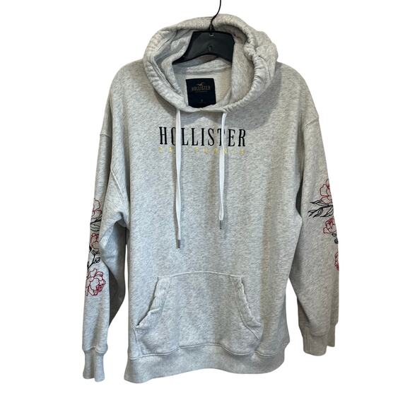 Hollister California Graphic Hoodie Floral Sleeve Embroidery Gray Pullover M - Picture 1 of 8